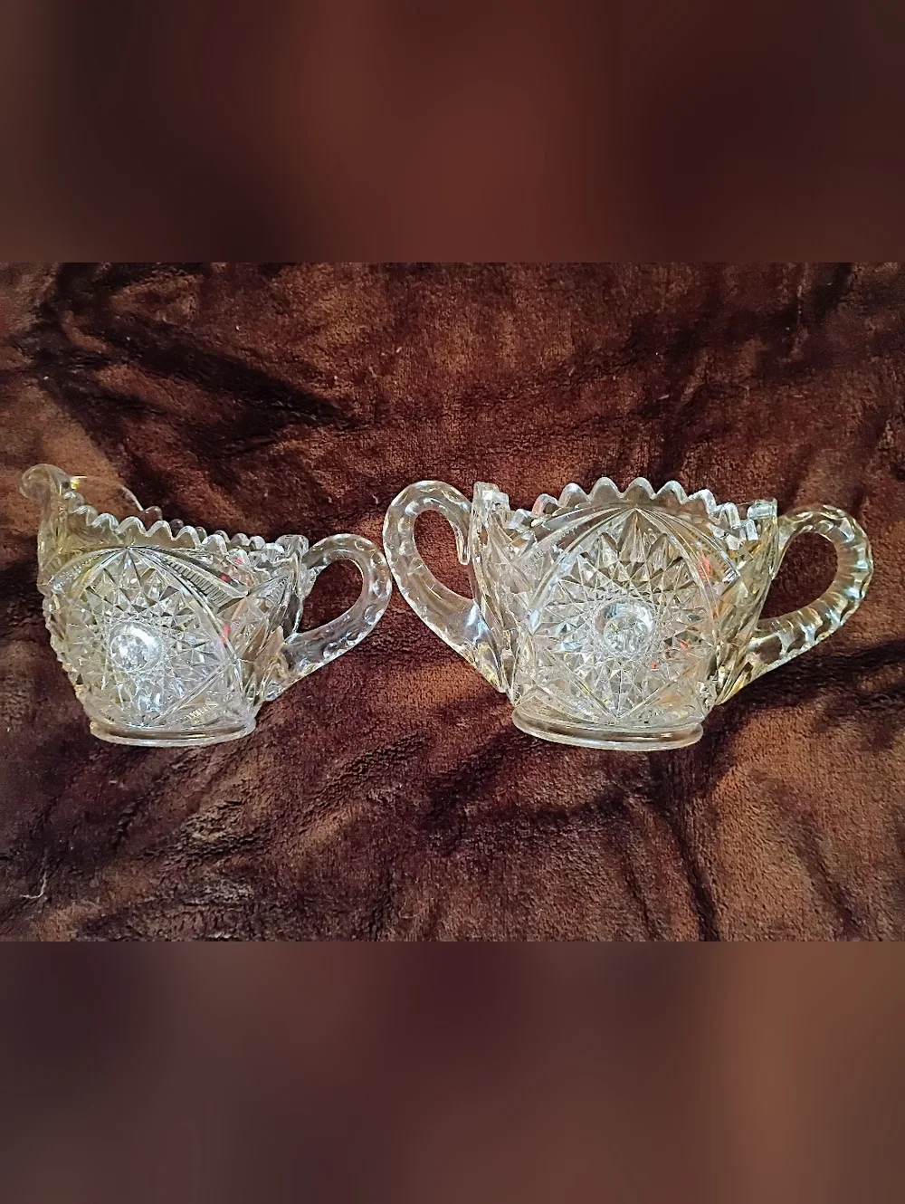 Pressed Glass Sugar and Creamer Set - Clear Cut Pattern Prescut - VTG